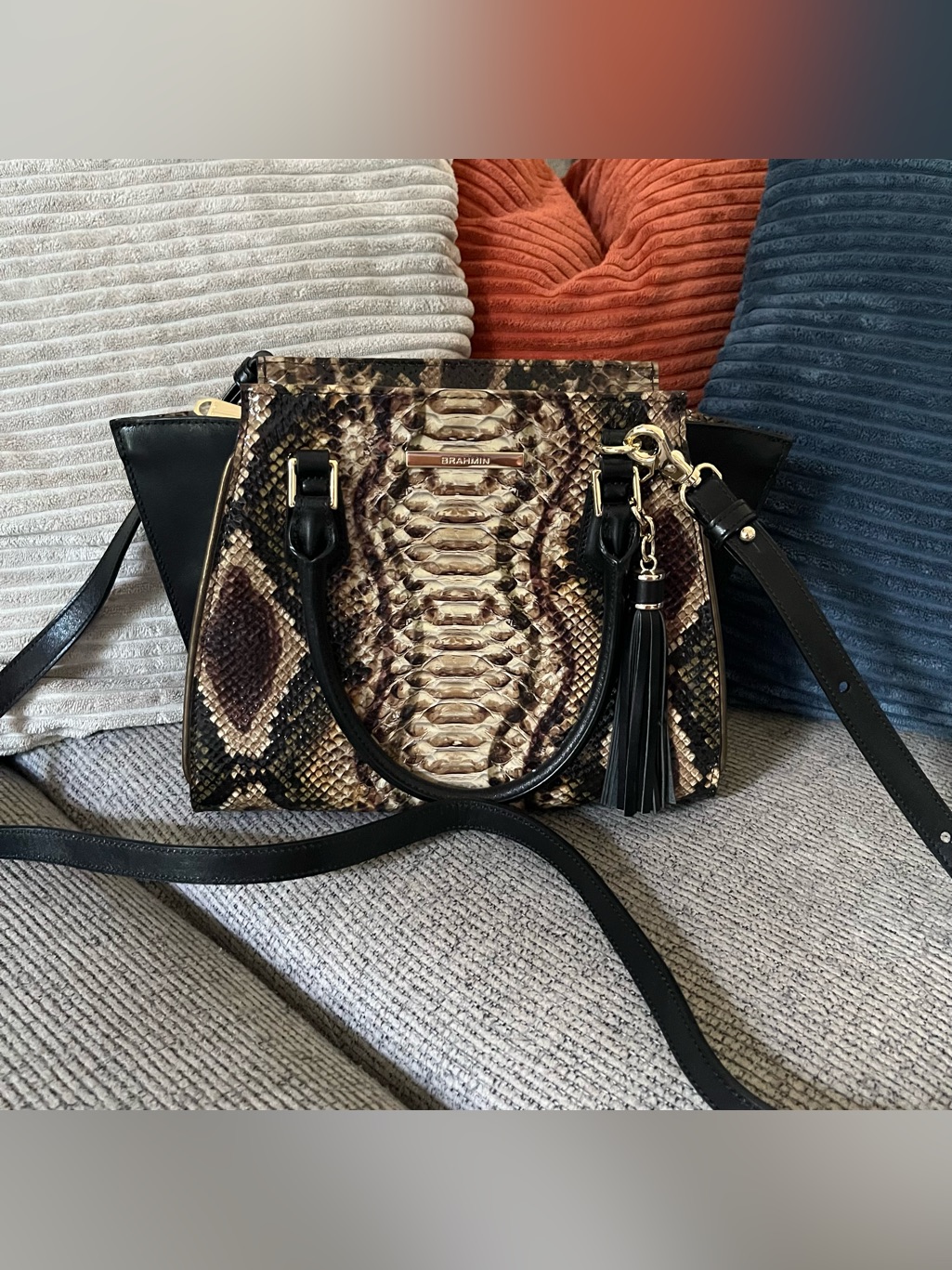 Nwot Brahmin Mini Priscilla Satchel Travertine Ballington. Black Brown Leather